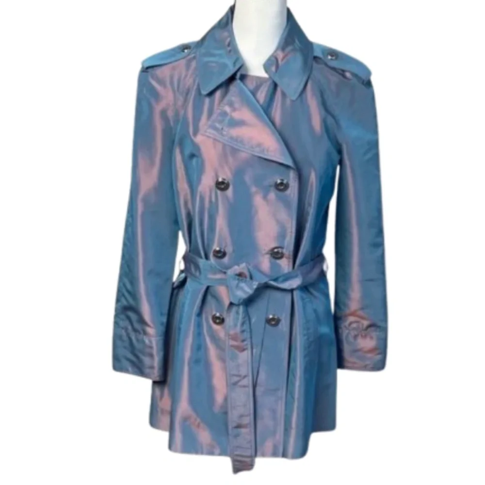 ST. JOHN trench coat Women's Iridescent Jacket - Pink and Blue belted lined